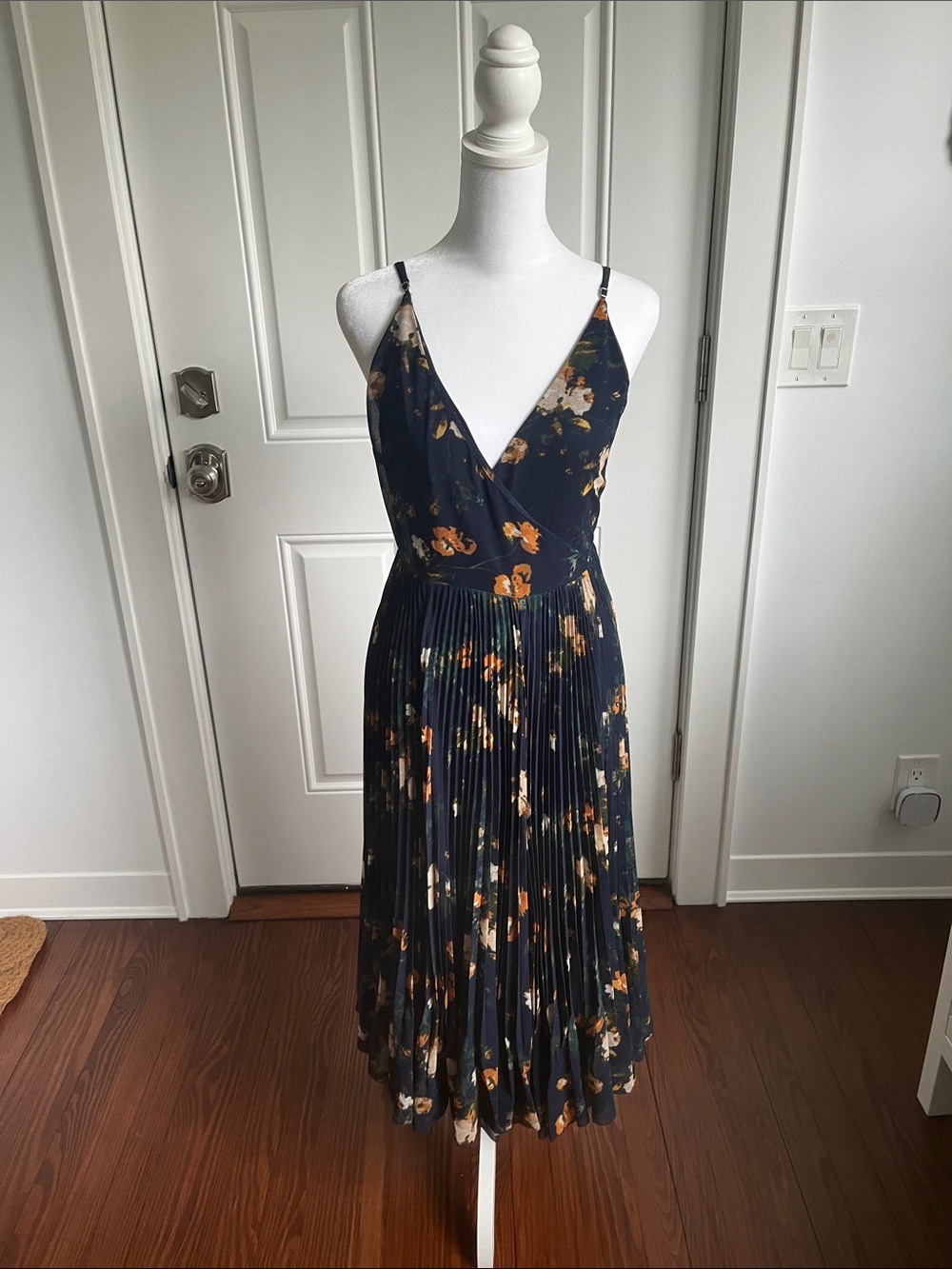 Wilfred Navy Floral Pleated Midi Dress with Spaghetti Straps